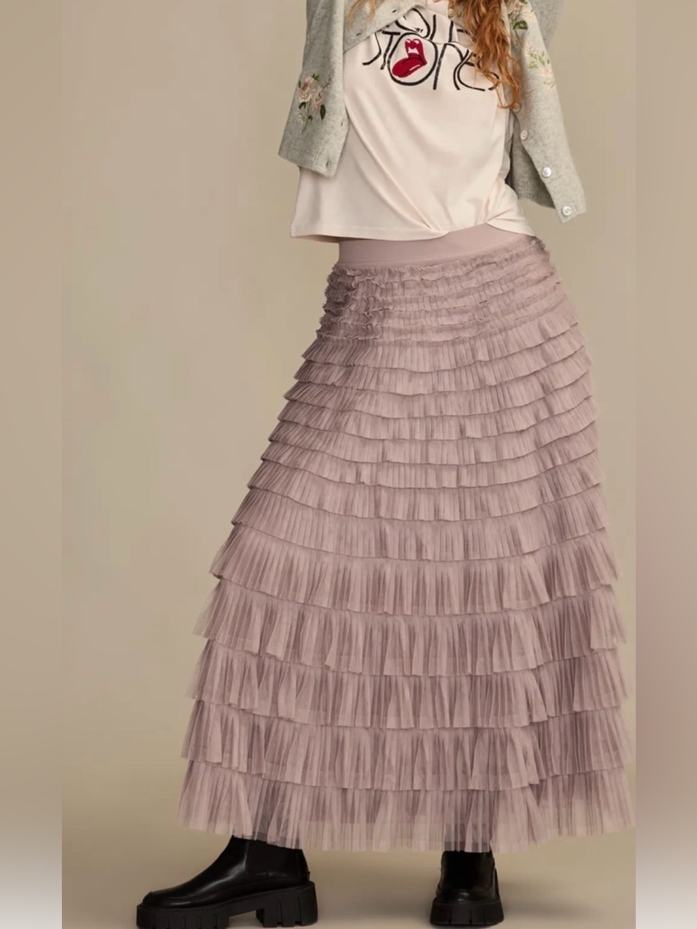 Tiered Ruffle Maxi Skirt in Dusty Mauve